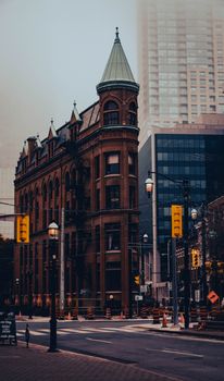 Stunning view of the historic Gooderham Building amid Toronto's foggy skyline.