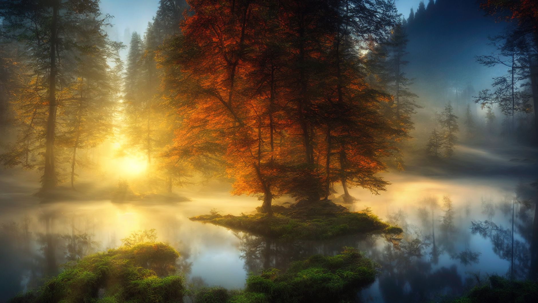 A tranquil sunrise illuminates a misty forest lake with vibrant autumn trees.