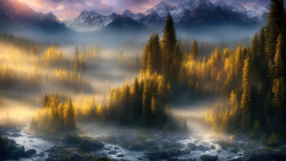 Fotomural Una escena serena de bosques neblinosos, montañas y un río fluyendo al amanecer.