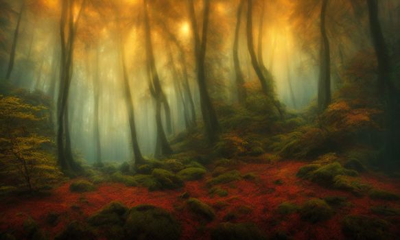 A mystical forest scene with autumn colors and fog creating a surreal, dreamy atmosphere.