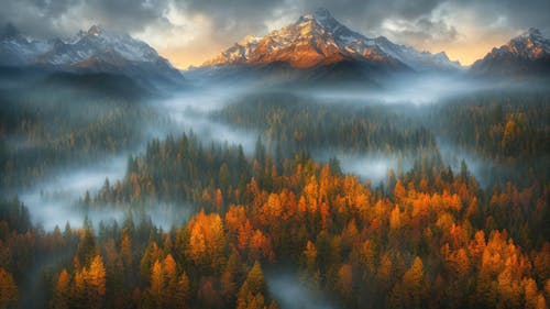 An Aerial Shot of a Foggy Forest 