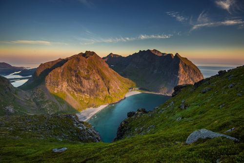 Free Scenic view of Lofoten Islands landscape at sunset with mountains and fjord. Stock Photo