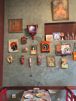 Retro-themed wall with vintage decor, posters, and collectibles providing nostalgic charm.