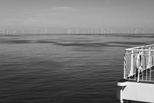 Free Black and white image of wind turbines in the ocean, symbolizing renewable energy. Stock Photo