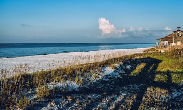 美丽的海滩上，房屋、蓝天和明媚的阳光映衬着海浪