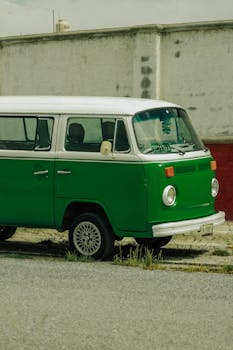 Classic green Volkswagen van parked outdoors in Saltillo, Coah., Mexico.