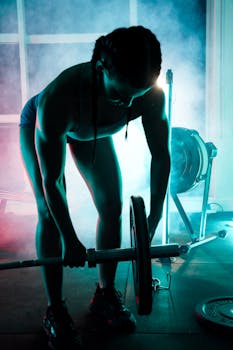 Young woman lifting weights in a smoky gym, showcasing strength and focus in vibrant neon lighting.