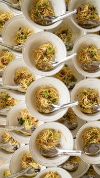 Aerial view of multiple noodle bowls arranged for a food event in Purwokerto, Java. - Fotografer Sidoarjo