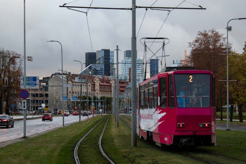 Tram and Cars on a Street in a City