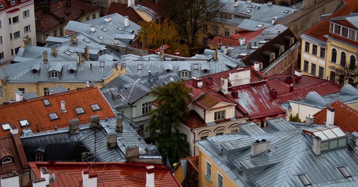 A captivating aerial shot of colorful historic rooftops in a cozy urban neighborhood during autumn.