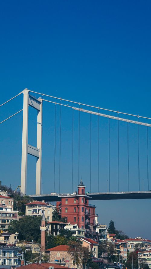 Free View of Istanbul's Bosphorus Bridge over vibrant cityscape on a clear day. Stock Photo