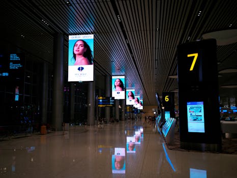 Empty airport hallway with digital displays and glossy floors at night.