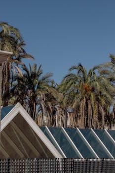 Contemporary building with palm trees under a clear blue sky in Badajoz, Spain.