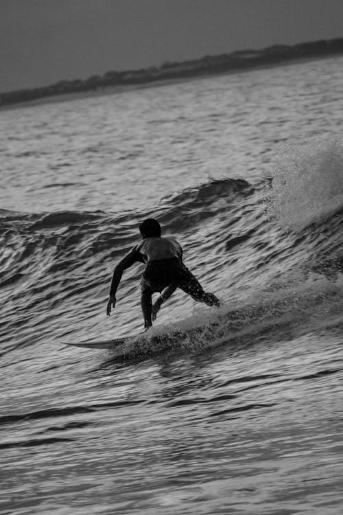 Black and White Photo of a Surfer on a Wave