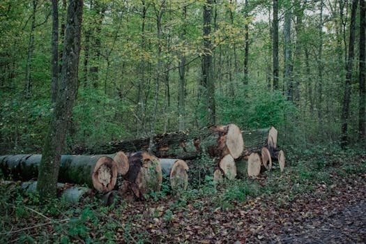 Captivating autumn forest scene in Stuttgart with fallen trees and logs.