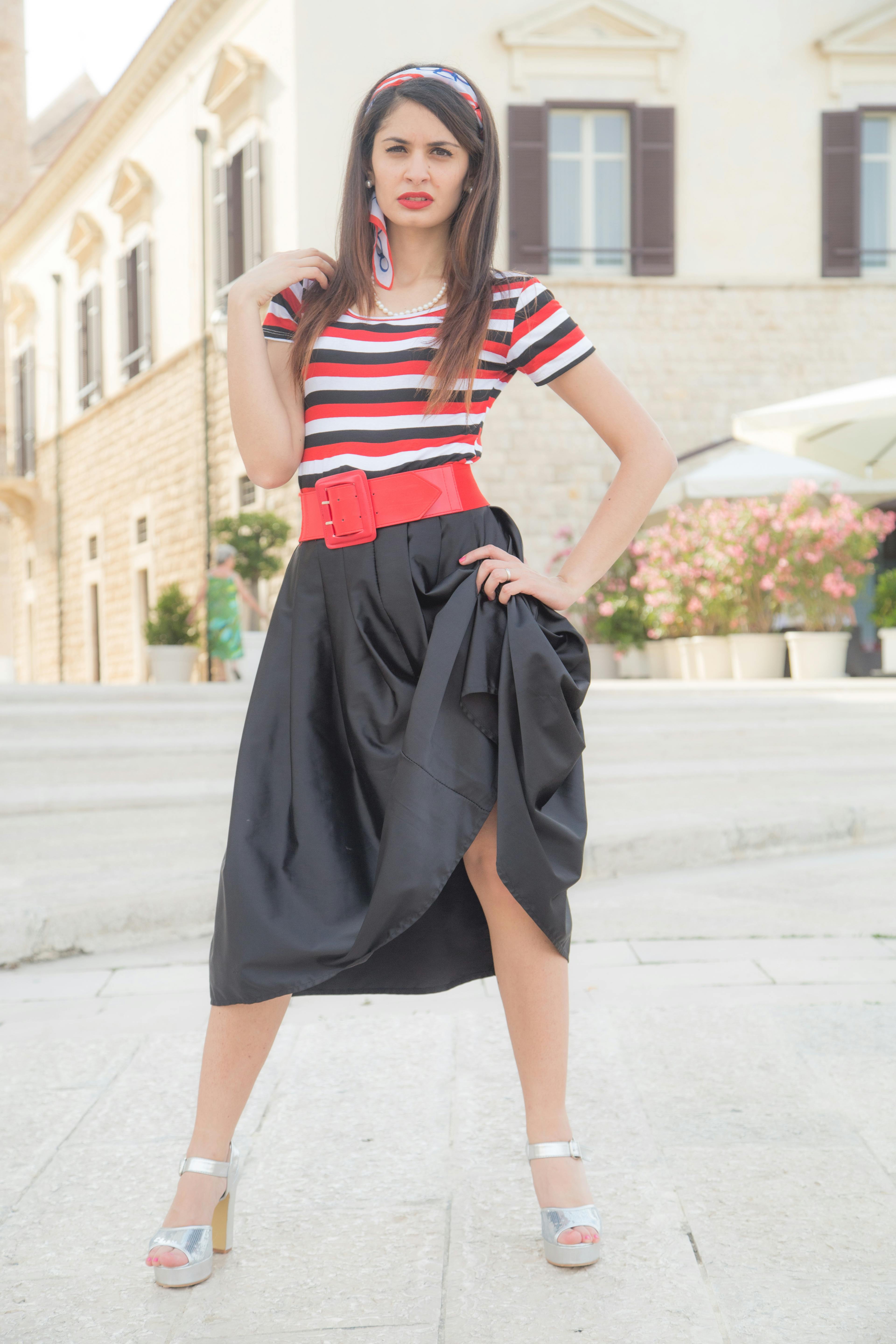 Black denim skirt outlet red and white stripe