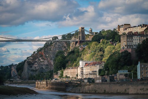 Bridge above River in Town in Mountains Landscape