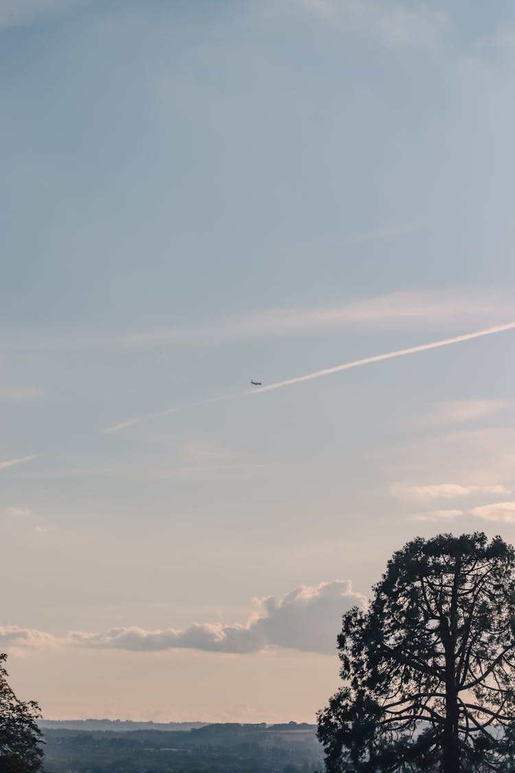 Plane Flying In Sky On Sunset