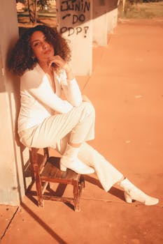 Chic woman with curly hair poses stylishly while sitting on a chair outdoors in a sunlit setting.