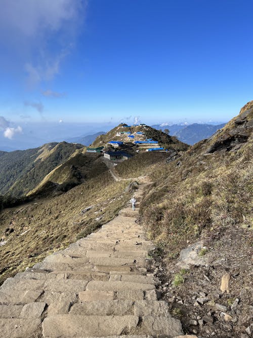 A Pathway on a Peak of a Mountain with Buildings Under Blue Sky