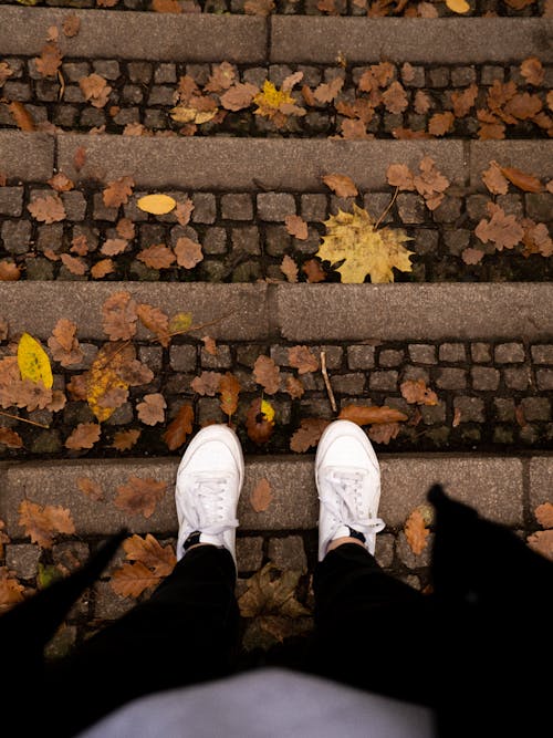 A Person's Feet Near Dry Leaves