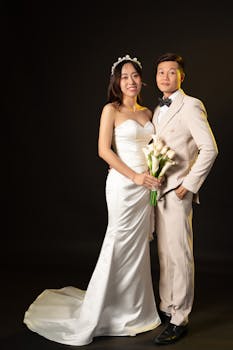 Studio portrait of an elegant Asian couple in wedding attire with black background.