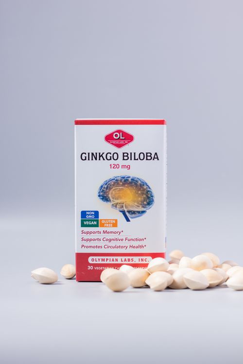 Free Ginkgo Biloba supplement box with capsules for memory support and cognitive function. Stock Photo