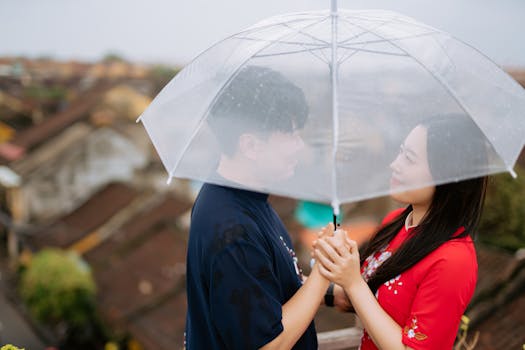 A young couple lovingly gazes at each other under a clear umbrella during a light rain.