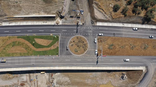 Free Aerial View of a Roundabout Between Crossing Islands Stock Photo
