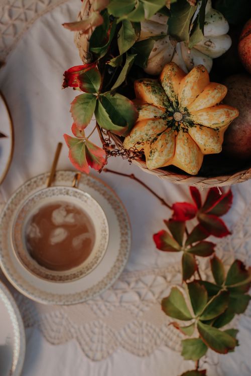 Free Ornate cup of tea with autumn gourds and leaves on a rustic table setting. Stock Photo