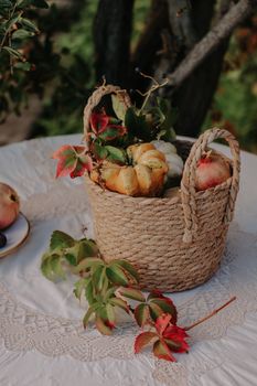 A rustic basket filled with small pumpkins and autumn leaves on a lace tablecloth outdoors.
