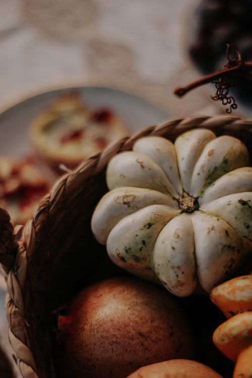 Free Close-up of a rustic basket filled with autumn squash varieties creating a warm and cozy fall vibe. Stock Photo