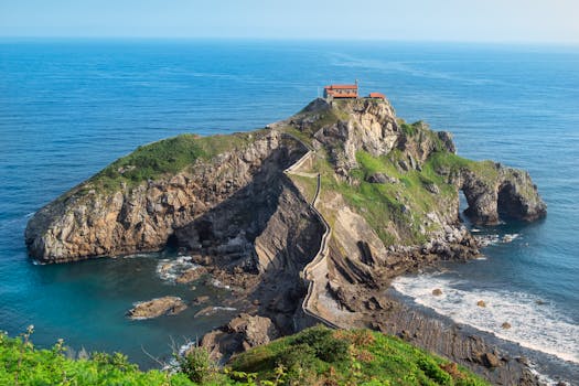 A stunning view of San Juan de Gaztelugatxe island and its winding path in Spain's Basque Country.