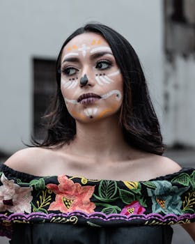 Portrait of a woman with creative face paint and a colorful floral dress, outdoors.