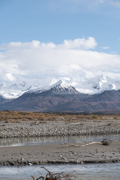 River Near a Snow Capped Mountains