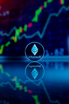 Ethereum coin reflecting with financial graph in the background, symbolizing digital currency trading.