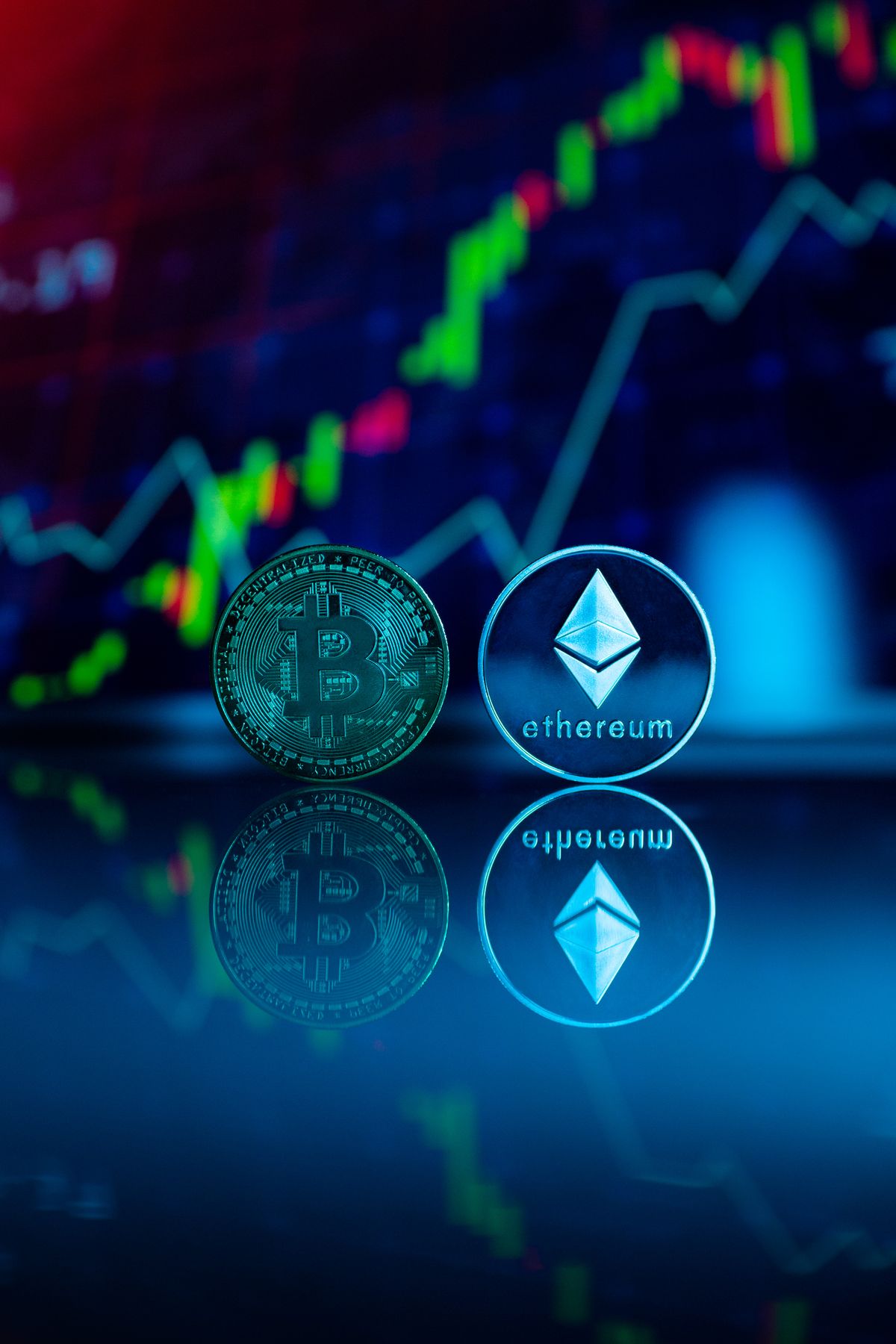 Bitcoin and Ethereum coins side by side