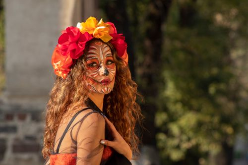 Free Woman with traditional Day of the Dead makeup and floral headpiece outdoors in daylight. Stock Photo