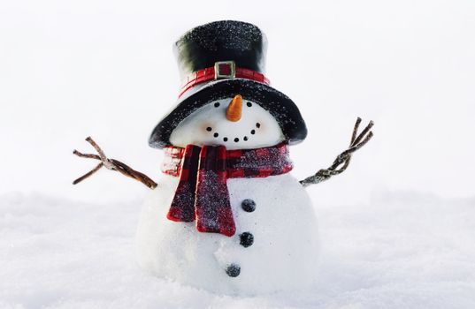 Adorable snowman wearing a red checkered scarf and black top hat, surrounded by snow.