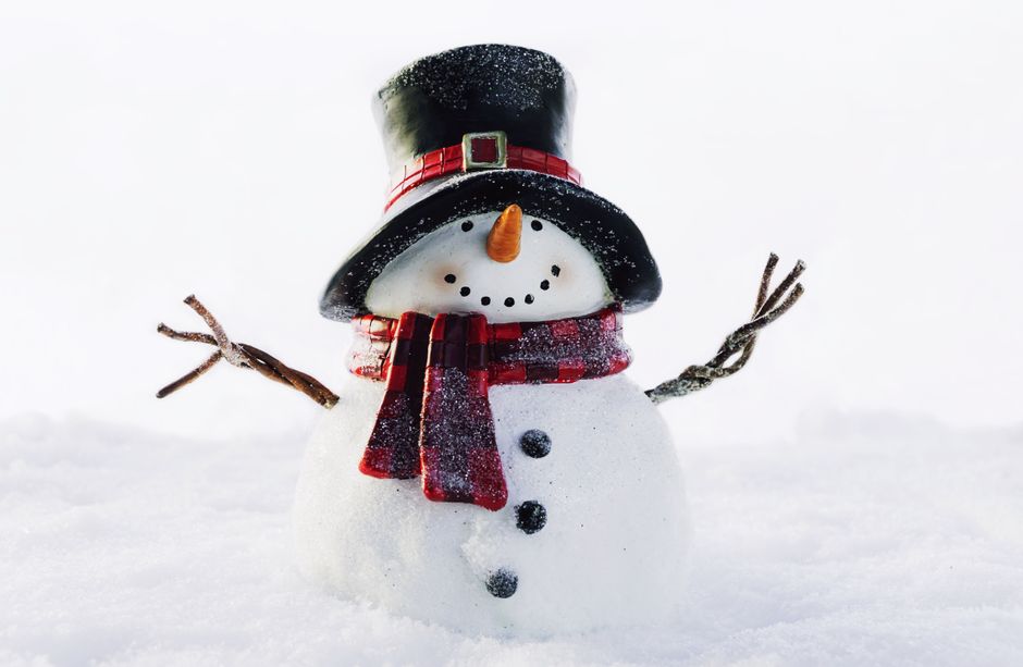 Adorable snowman wearing a red checkered scarf and black top hat, surrounded by snow.