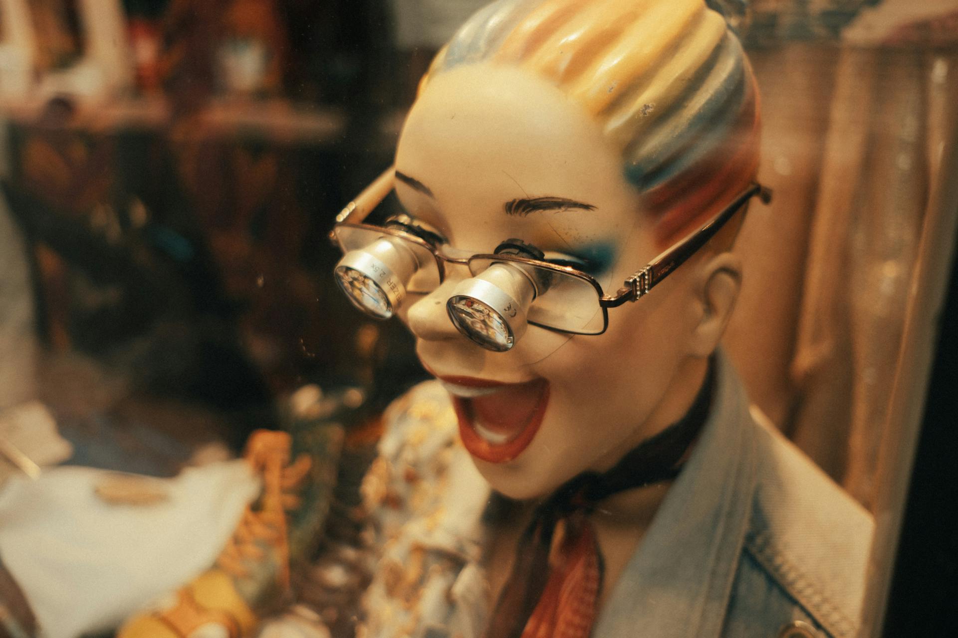 Vintage mannequin sporting colorful hair and quirky glasses in a storefront display.