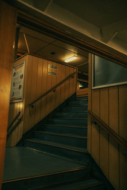 Dim Staircase with Wood Paneling 