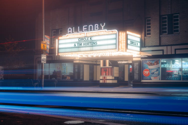 Cinema With Neon On A City Street At Night