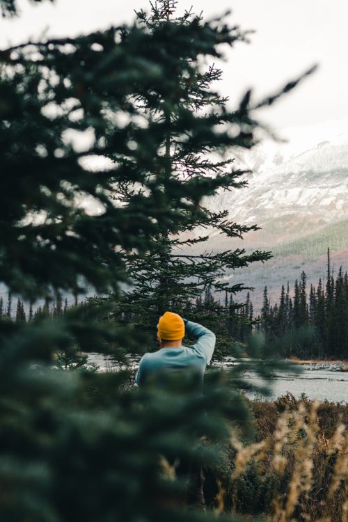 Free A man enjoys a serene winter landscape in Kootenay Bay, British Columbia. Stock Photo