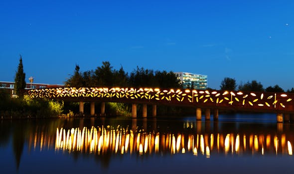 晴朗的夜空下，一座明亮的桥梁倒映在平静的水中，构成一幅宁静的风景