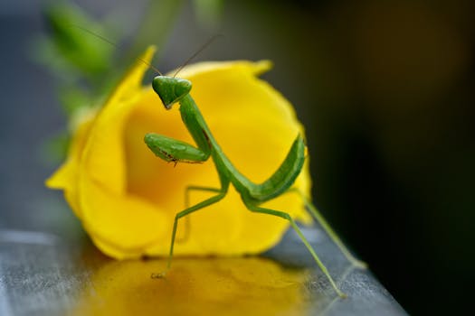 Macro shot of a green praying mantis perched on a vibrant yellow flower.