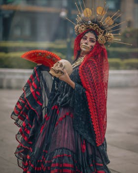 A woman in creative makeup and traditional attire celebrates Día de los Muertos in Mexico City.