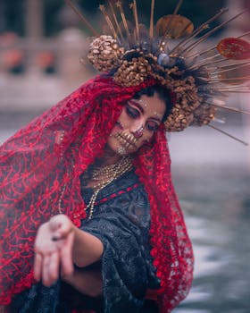 Artistic portrayal of a woman with traditional Día de los Muertos makeup and vibrant attire.