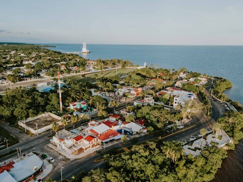 Aerial View of Houses in a Town Near Sea