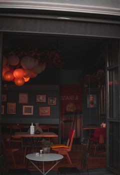 Inviting Turkish café with warm lighting, showcasing unique interior design in Istanbul.